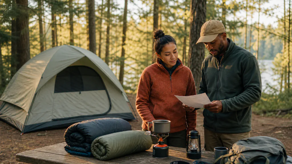 Two beginner campers sorting practical overnight gear beside a pitched tent