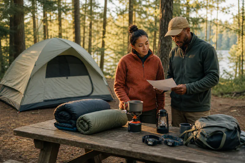 Two beginner campers sorting practical overnight gear beside a pitched tent