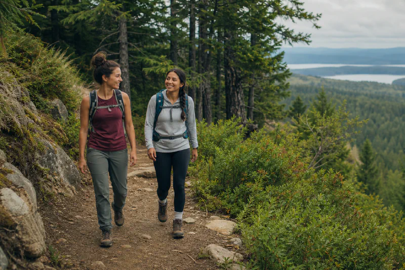 Two friends with light daypacks walking on a moderate forest trail