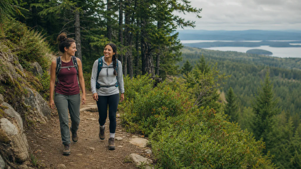 Two friends with light daypacks walking on a moderate forest trail