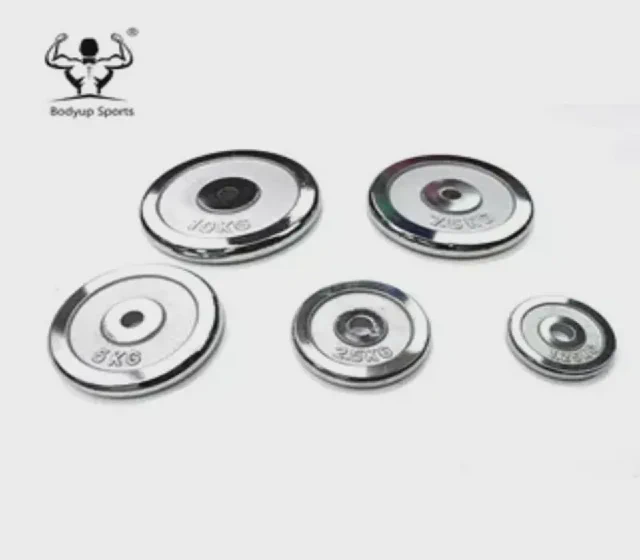 Disco de pesas de hierro fundido cromado mostrado en su ficha del proveedor de Made-in-China