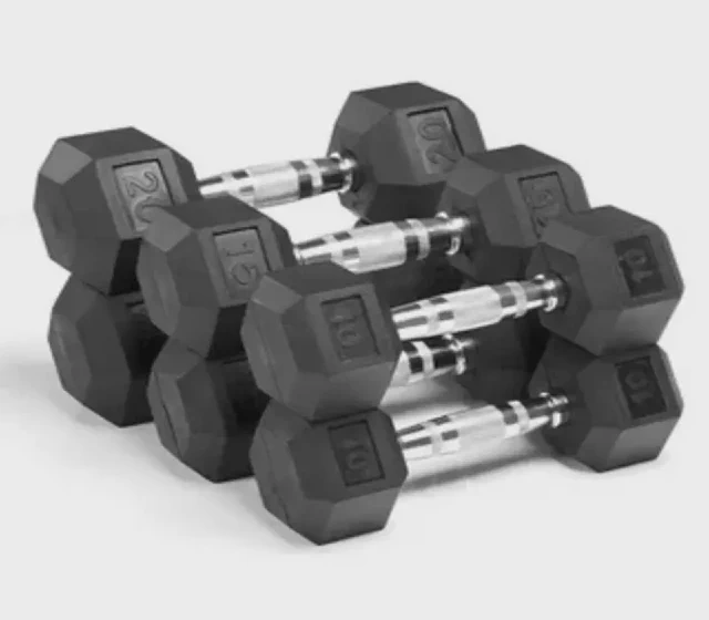 New Products Durable Rubber Coated Cast Iron Hex Dumbbells for Gym Home shown in its Made-in-China supplier listing