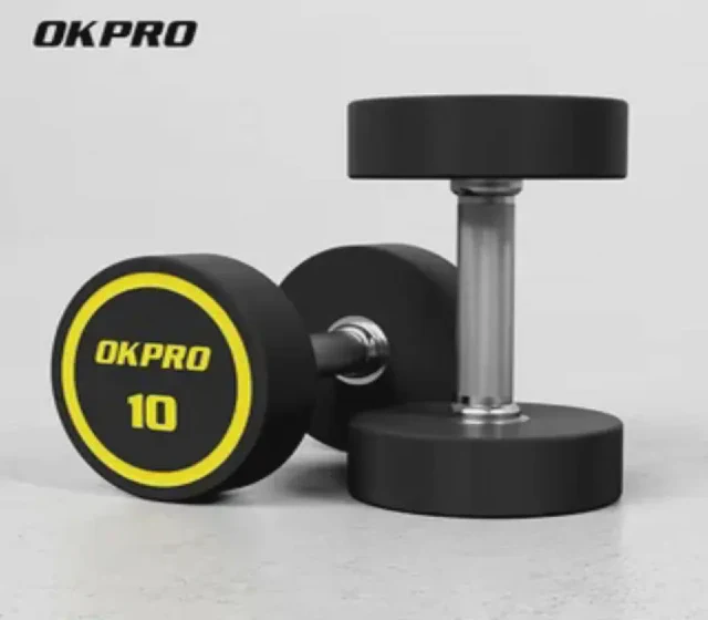Okpro Free Weight Custom Logo Urethane Round Black Commercial Gym PU Dumbbells shown in its Made-in-China supplier listing