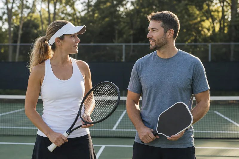 Dos jugadores recreativos comparan una raqueta de tenis y una pala de pickleball