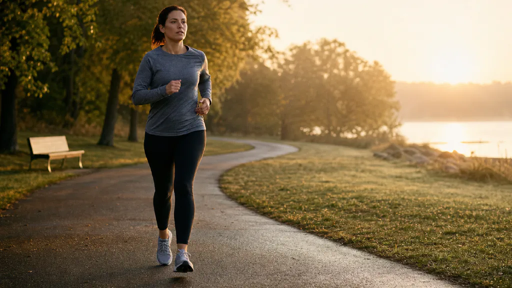 A beginner runner moving at an easy pace on a quiet park path at sunrise