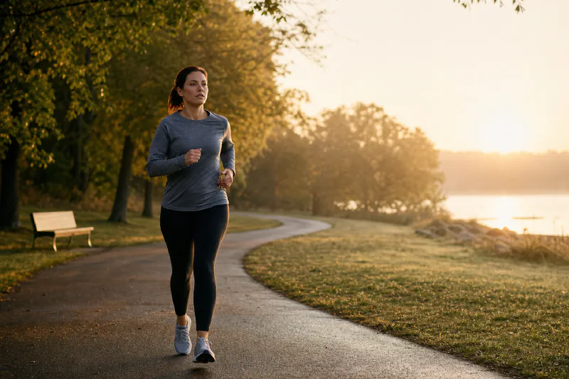 A beginner runner moving at an easy pace on a quiet park path at sunrise