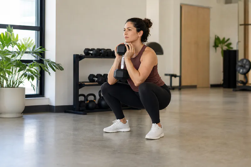 An adult performing a controlled dumbbell squat in a bright training space
