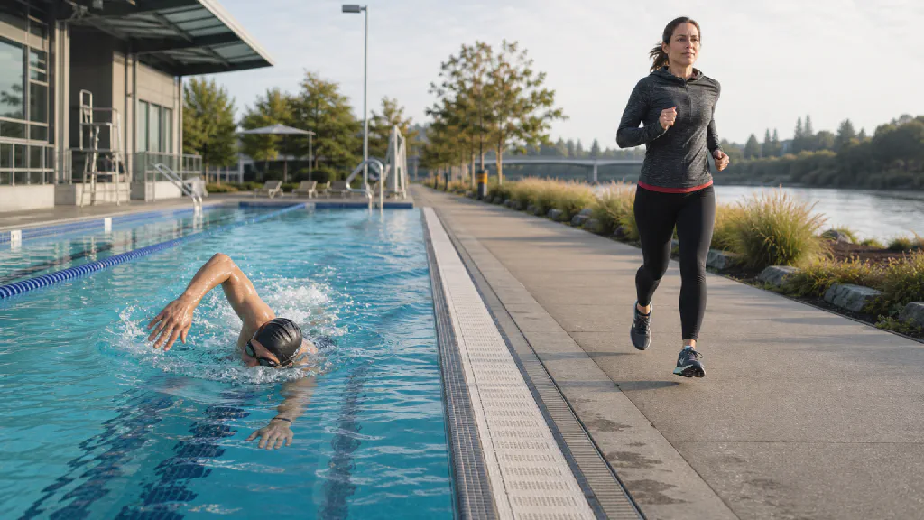 A recreational swimmer and runner training side by side at a community sports complex