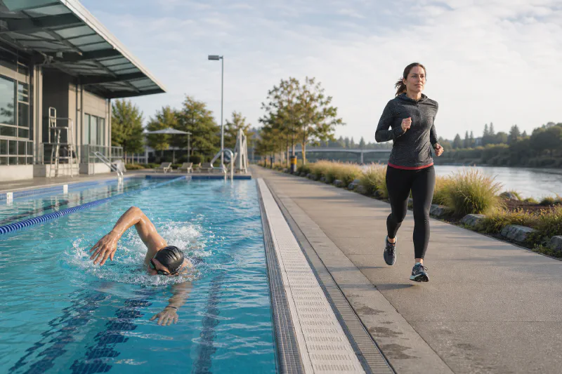 A recreational swimmer and runner training side by side at a community sports complex
