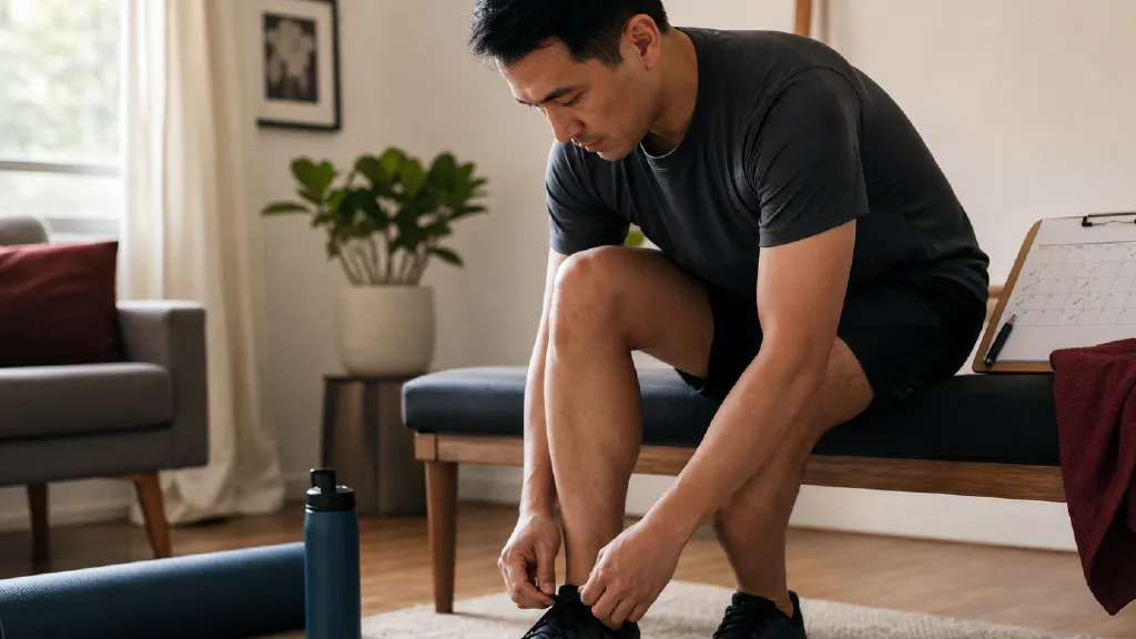 An everyday adult lacing training shoes beside a simple weekly exercise plan