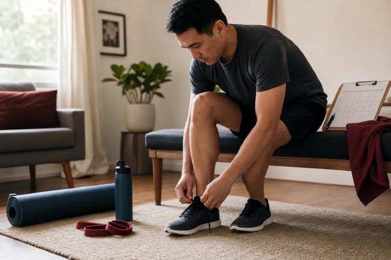 An everyday adult lacing training shoes beside a simple weekly exercise plan